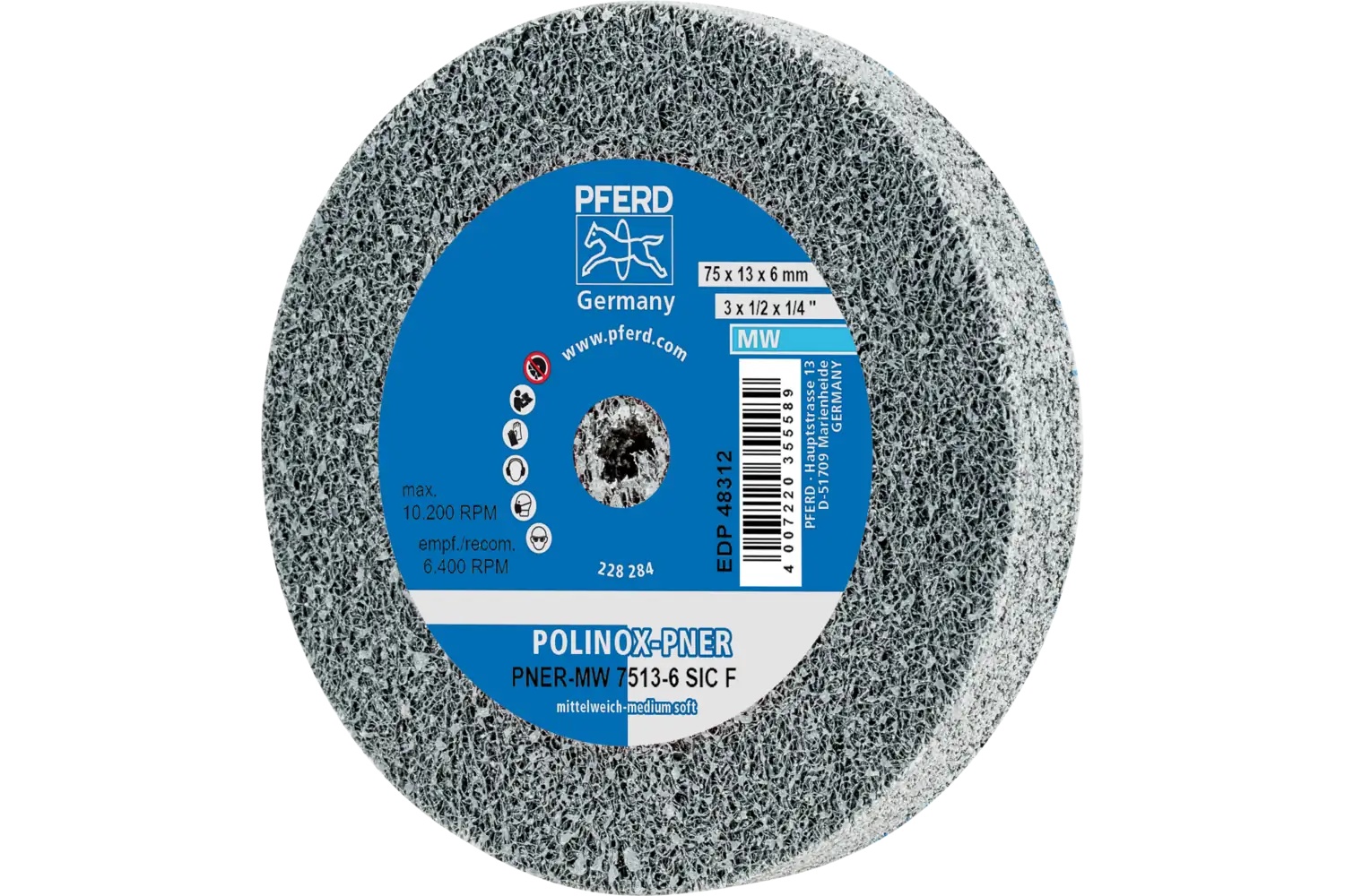 Picture of Pferd Polinox® Unitized Wheel, 3" X 1/2 X 1/4, Fine, Soft, 3Sf, Silicon Carbide